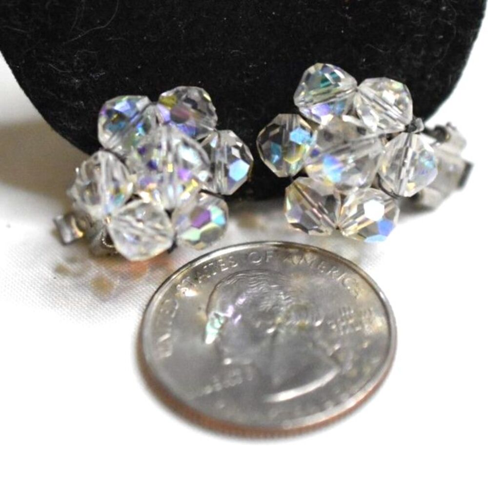 Vtg 1940's Aurora Borealis Beveled Crystal Cluster Clip On Silver Tone Earrings